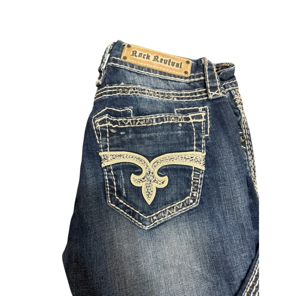 🤑Y2K‎ Rock Revival Jeans Bootcut Thick White Stitching Denim Bling Pockets 27 - Picture 4 of 9